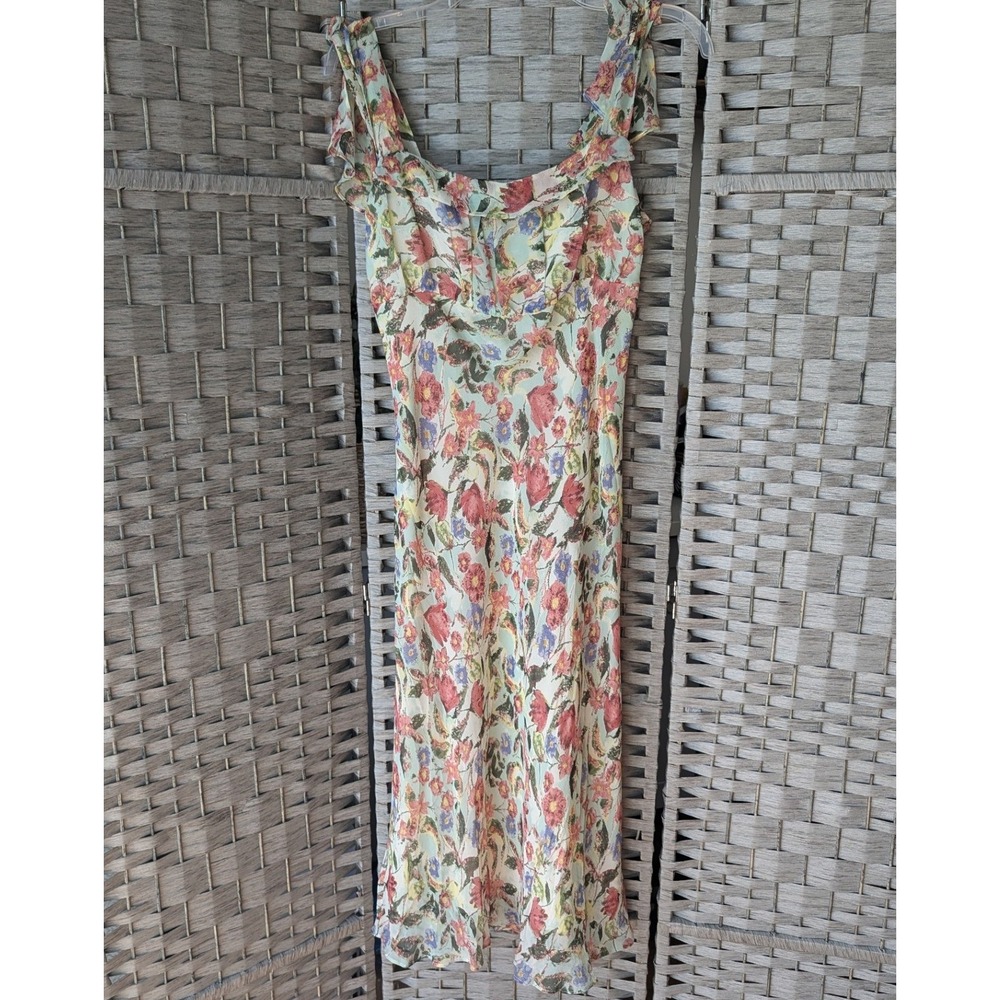 Lapis Midi Dress Multicolor Floral Silk Ruffle Trim Sz M Y2K Garden Tea Party